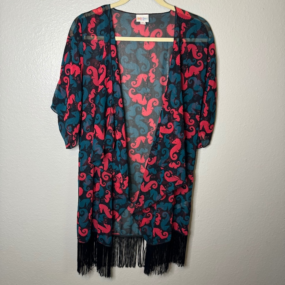 LuLaRoe Fringe Sheer cover up seahorse pattern (Black, Teal, and Hot Pink)